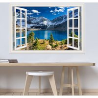 Modern 3D Large Landscape Wall Sticker, Snow Mountain Lake, Nature Window Frame View, Vinyl Home Decor, Living Room and Bedroom
