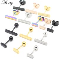 Alisouy 2pcs New Stainless Steel Simple Bar Ball Earrings for Women Men Black Geometric Long Square Stud Earring Jewelry Gifts