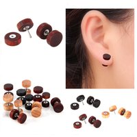 Alisouy 1 Pair Natural Wood Fake Body Jewelry Ear pierces Plugs Earrings Studs Natural Organic Retro Fake Cheater studs plugs