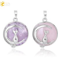 CSJA New Fashion Cat Moon Pendant for Necklace Round Natural Stone Cute Kitten Lucky Jewelry Fit Women Girl Necklaces F334