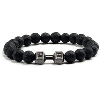Natural Volcanic Stone Bracelet Men Matte Black Lave White Beads Charm Dumbbell Strand Bracelets Women Barbell Fitness Jewelry