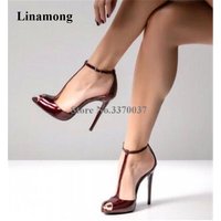 Spring New Fashion Women Peep Toe Patent Leather Stiletto Heel Pumps Wine Red Ankle Strap High Heels Formal Dress Shoes