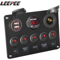 LEEPEE-Panneau de commutation intégré étanche, voltmètre numérique, 5 gangs, 12V, touriste, port USB pour bateau, voiture, marine, accessoires à bascule LED