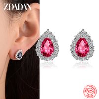 ZDADAN 925 Sterling Silver Charm Oval Red Crystal Earrings For Women Fashion Wedding Jewelry