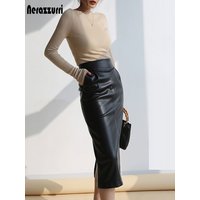 Nerazzurri Spring Midi Pu Leather Skirt Women Brown White Black Long High Waisted Pencil Skirts for Women 2023 Side Slit Zipper