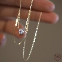 925 Sterling Silver French Simple Crystal Pendant Clavicle Chain Necklace Women Light Luxury Party Plating 14k Gold Jewelry