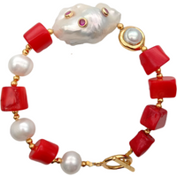 Fashion Red Coral Cultured White Pearl Keshi Pearl Cz Pave Bracelet Toggle Clasp
