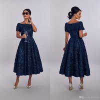 Elegent House Of Mooshki Mother of The Bride Dress Short Sleeve Applique Ruched Wedding Guest Dresss Tea Length Evening Gowns