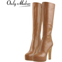 DALTol- Bottes hautes à plateforme en cuir PU souple avec fermeture éclair, talons hauts concis, imprimé léopard, noir et marron, grande taille, 256