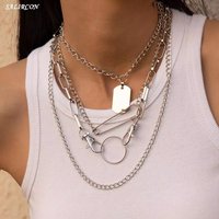 Salircon Goth Multi Layer Safety Pin Key Chains Necklaces for Women Punk Geometric Tag Pendant Necklace Gothic Jewelry Gift 2021