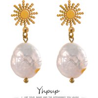 Yhpup Natural Freshwater Pearl Dangle Earrings Stainless Steel Sun Celestial Hanging Earrings for Women Aretes De Mujer Gift