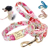 Personalized Printed Dog Collar Leash Set Customized Nylon Pet Collar Leash Free Engraved Nameplate For Small Medium Large Dogs