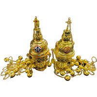 Ornate Handcrafted Orthodox Gold Plated Church Censer with Chain Bells and Saint Icon Enamel Inlay for Christian Liturgy Incense