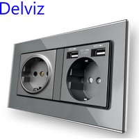 Delviz Double Power Socket, Tempered Crystal Glass Panel, USB Charging Interface, 146mm X 86mm, EU Standard Wall Embedded Socket