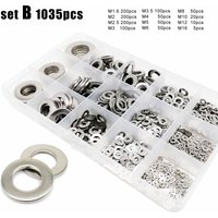 Total 555/1035 pièces M1.6 M2 M2.5 M3 M3.5 M4 M5 M6 M8 M10 M12 M16 304 ensemble de rondelles plates en acier inoxydable Kit d'assortiment de joints unis