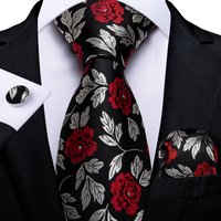 Black Red Rose Floral Ties For Men 8cm Men's Silk Neck Tie Handkerchief Cufflinks Set Business Wedding Tie Gift For Men DiBanGu