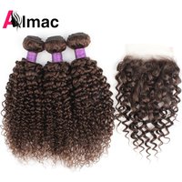 Brown Color Natural Black Jerry Curly Human Hair Bundles With 4x4 Lace Closure Peruvian Remy Hair With Swiss Lace 200g/Set