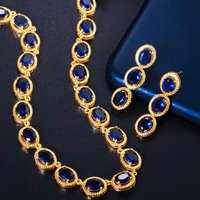Pera Luxury Royal Blue Oval CZ Crystal Women Wedding Party Necklace Earrings Bridal Jewelry Sets Dubai Gold Color Jewellery J385