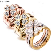 Gorgeous Three Ring Set For Women High Quality Stainless Steel three colors Crystal Clover Ring With crystals