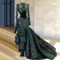 Green Crystals Celebrity Dresses Long Sleeves Runaway Dresses For Women Haute Couture Awards Party Dresses Evening Wear Vestidos