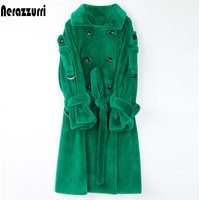 Nerazzurri Long Warm Thick Soft Fluffy Faux Fur Trench Coat for Women 2022 Double Breasted Pink White Green Winter Fashion Belt