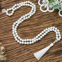 8mm White Porcelain Mala Necklace 108 Beads Knotted Japamala Meditation Yoga Blessing Jewelry Tibetan Tassel Pendant