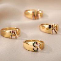 Adjustable Initial Letter Couple Rings Multicolor Zircon Gold Color Letters Ring Finger For Women Men Elegant Birthday Jewelry