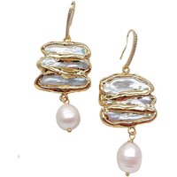 YYGEM Cultured White Rice Pearl White Biwa Pearl Dangle CZ Pave Hook Earrings