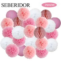 Pink White Set Round Paper Ball Lanterns Folding Baby Boy Girl 1st Birthday Party Favor Baptism Wedding Decor Honeycomb Pompom