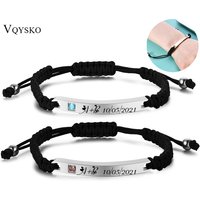 Customized Words Bar Couple Bracelets for Women Men Stainless Steel Name Date Engraved Jewelry Bangles Braided Lovers Gifts