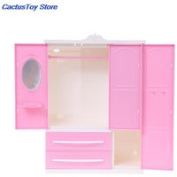 New Three-door Pink Modern Wardrobe for Barbie Furniture Clothes Accessories with Dressing Mirror Girls Toy