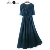 Temperament Peacock Blue Heavy Silk Dress Women's Fashion Dress Drawstring Dress A-shaped Round Neck Slim Party Dress