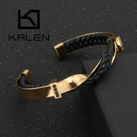 KALEN Unique Irregular Bracelets For Men Gold/Color Stainless Steel Cowhide Leather Men Charm Bangles Hip Hop Male Jewelry