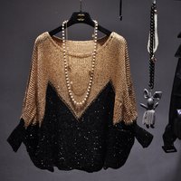 Yan Li Shinny Lurex Pull femmes col rond Long Pull décontracté tricot Pull Femme Pull Bling Bling paillettes Pull