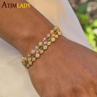 2025 New Arrival Geometric Rainbow Cz Colorful Flower Charm Link Chain Bracelet For Girls Classic Fashion Bling Women Jewelry