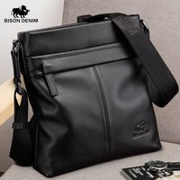 BISON DENIM Brand Men Shoulder Bag Genuine Leather 10.5" Ipad Black Cowhide Crossbody Bag for Men Casual Messenger Bags