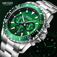 MEGIR hommes chronographe montres à Quartz en acier inoxydable étanche lumineux analogique 24 heures montre-bracelet pour homme cadran vert 2064G-9