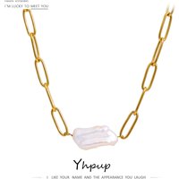 Yhpup Stainless Steel Natural Pearl Pendant Necklace Metal Chain High Quality Jewelry Gold Color Collar for Women Girls Gift
