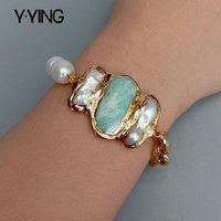 Y.YING natural Cultured White Rice Pearl Amazonite Biwa Pearl Chain Bracelet 8" vintage style for women
