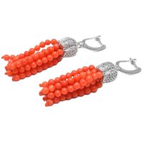 GG Natural Orange Smooth Round Coral Beads Silver Color CZ Pave Lever Back Dangle Earrings Cute For Women