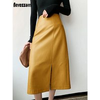 Nerazzurri Midi Skirts Below Knee 2021 Yellow Black Soft Leather Skirt Women Zipper Long Straight Skirts for Women High Waist