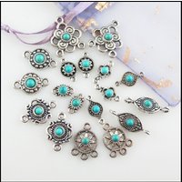 Fashion New Turquoise Stone Connectors Charms Flower Oval Round Tibetan Silver Plated Pendants Retro