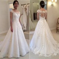 New Vestido de Noiva Cap Sleeves O-Neck A-Line Wedding Dress 2021 Illusio Through Zipper Button Back Bridal Gown robe de mariee