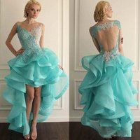 Turquoise Cocktail Dresses A-line V-neck Tulle Lace Ruffles Hi Low Party Homecoming Dresses Customized