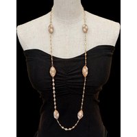 Y·YING Cultured White Pearl Crystal Pave Station Necklace Gold Plated Cz Chain 39"