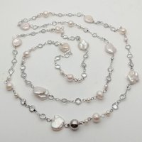 42" Cultured White Keshi Pearl White Gold color Plated Cz Pave Chain Long Necklace & pendants women's clothing accessories