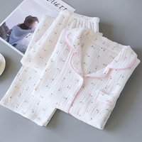 Fdfklak Spring Fall Full Sleeve Homewear Loose 2Pcs Pajama Set 100% Gauze Cotton Casual Print Sleeping Shirt Home Wear Clothes
