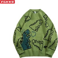 FGKKS Sweater Men Harajuku Fashion Knitted Hip Hop Dinosaur Cartoon Pullover O-Neck Oversize Casual Couple Male Sweaters