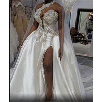Crystals High Split Wedding Dresses One Shoulder Bridal Gowns Sexy Satin Sweep Train Custom Made Robe de mariée