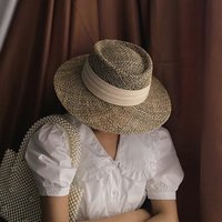 Chapeau de plage en paille fait main pour femmes, nouveau modèle 2021, chapeau d'été, casquette Panama, chapeau de soleil plat concave tendance, visière de protection solaire, vente en gros